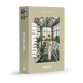 Art Gallery 1000-piece jigsaw puzzle by Piecely, featuring a woman inside an art gallery surrounded by paintings and large windows. Ett konstinspirerat pussel för vuxna.