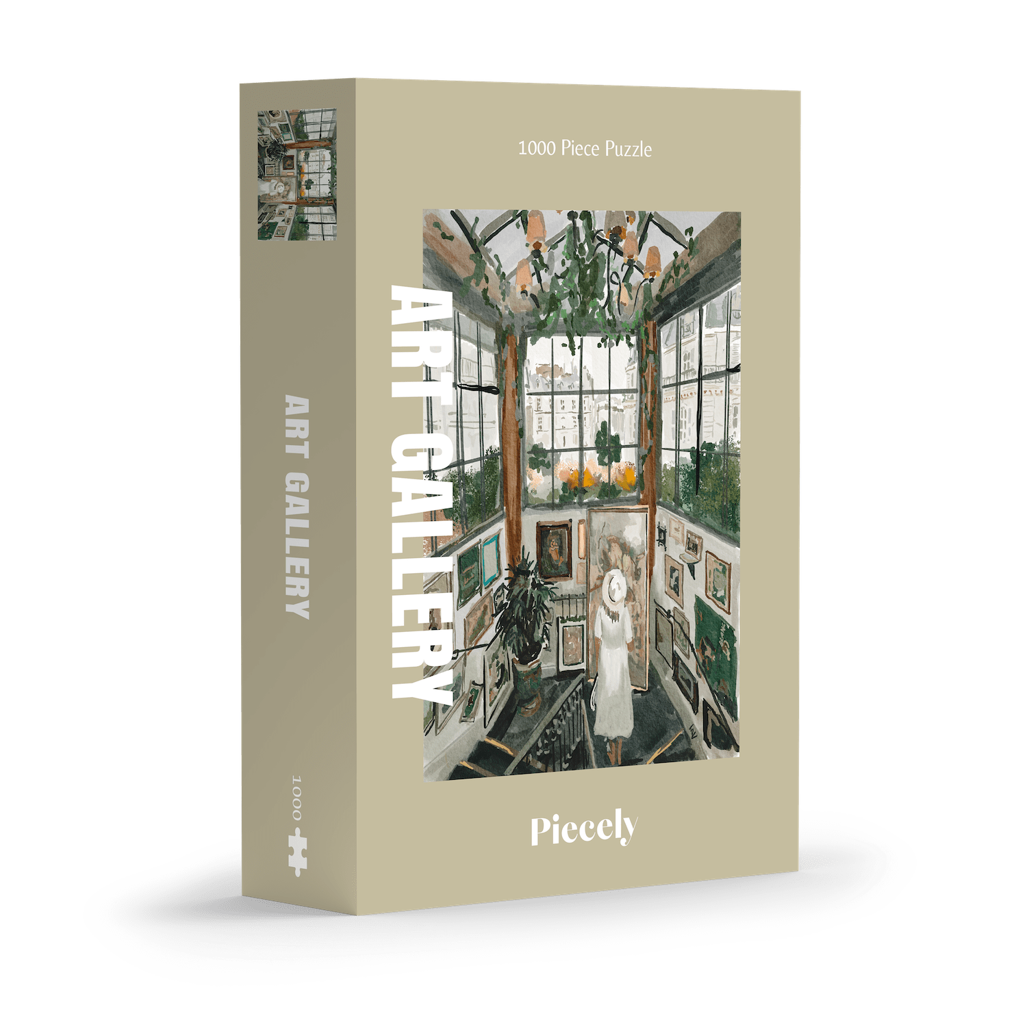 Art Gallery 1000-piece jigsaw puzzle by Piecely, featuring a woman inside an art gallery surrounded by paintings and large windows. Ett konstinspirerat pussel för vuxna.