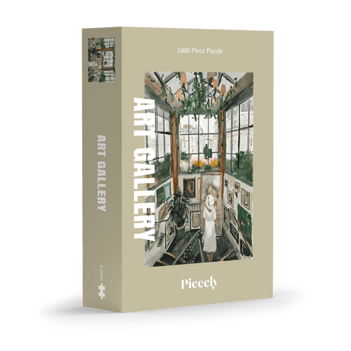 Art Gallery 1000-piece jigsaw puzzle by Piecely, featuring a woman inside an art gallery surrounded by paintings and large windows. Ett konstinspirerat pussel för vuxna.