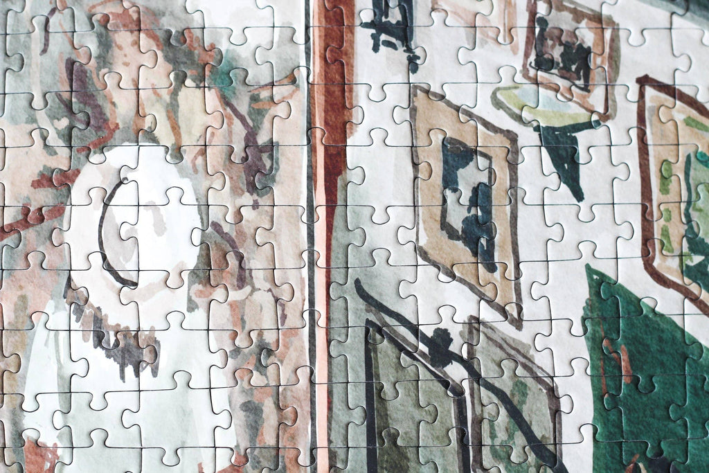 Art Gallery partial puzzle with a scenic design, including woman and paintings.