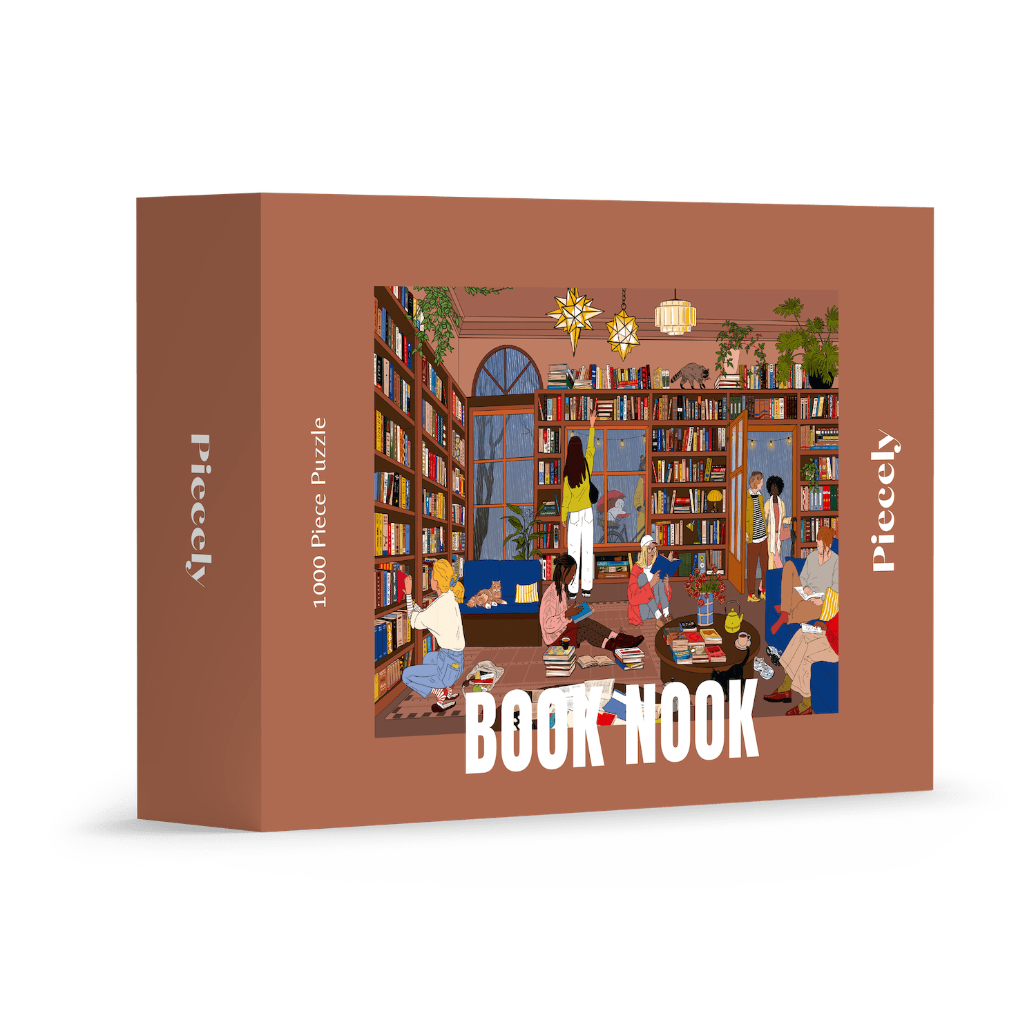 Book Nook 1000-piece jigsaw puzzle by Piecely, featuring a cozy library with people reading and a raccoon on a bookshelf. Ett mysigt pussel för vuxna med boktema.