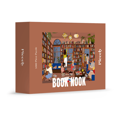 Book Nook 1000-piece jigsaw puzzle by Piecely, featuring a cozy library with people reading and a raccoon on a bookshelf. Ett mysigt pussel för vuxna med boktema.