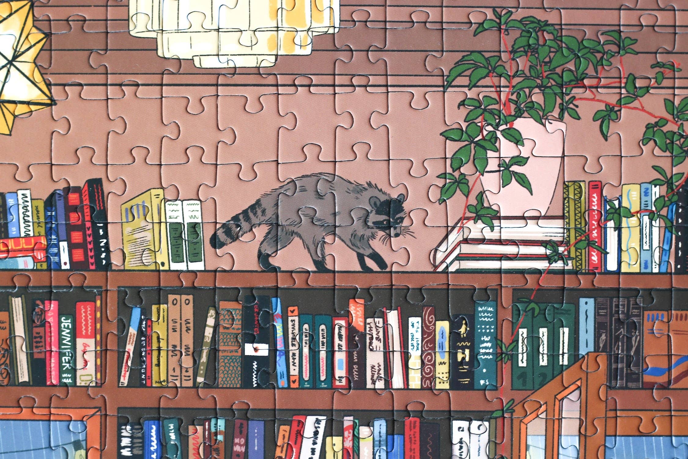 Book Nook jigsaw puzzle close up detail featuring a raccoon on a bookshelf.