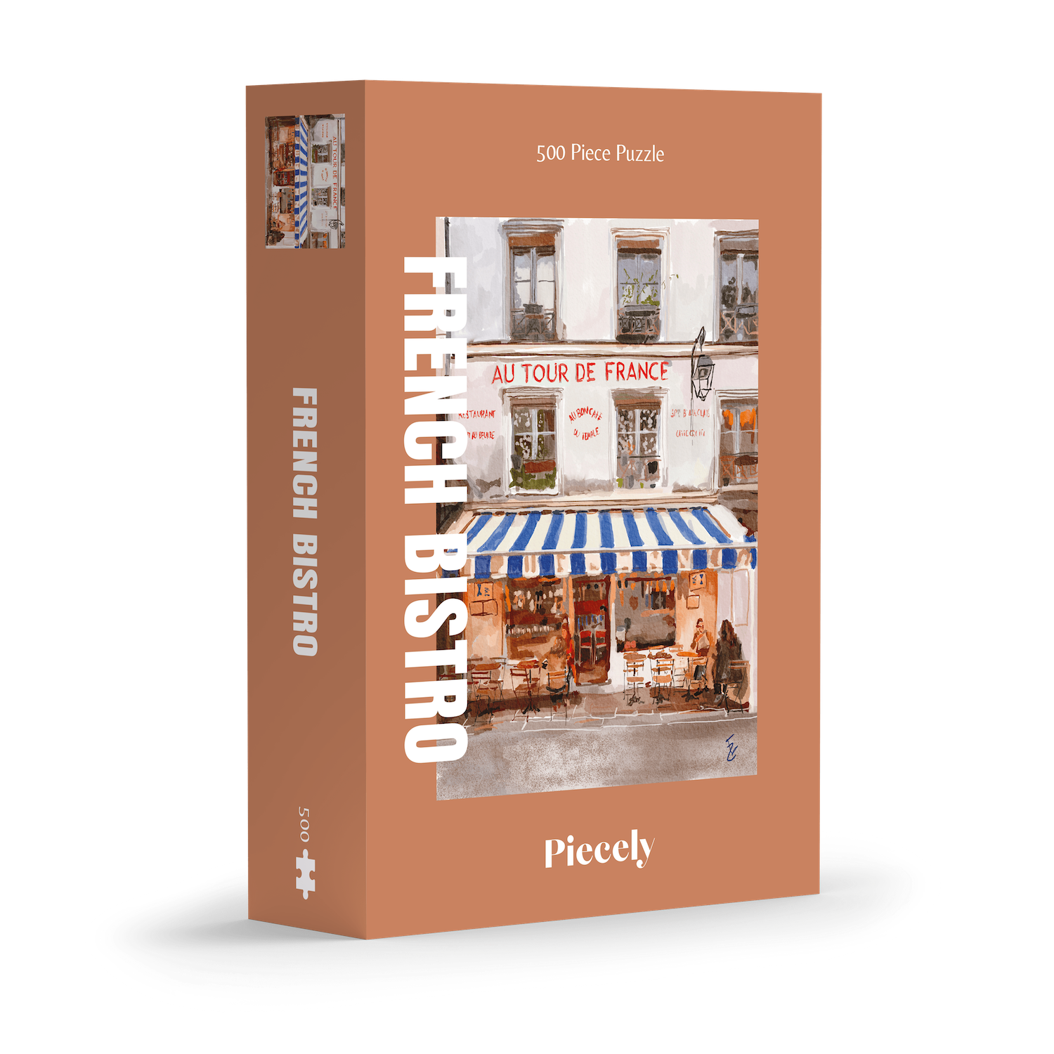 French Bistro 500-piece jigsaw puzzle by Piecely, featuring a street scene with a cozy restaurant and blue-and-white striped awnings. Ett charmigt pussel för vuxna med stadsmotiv.
