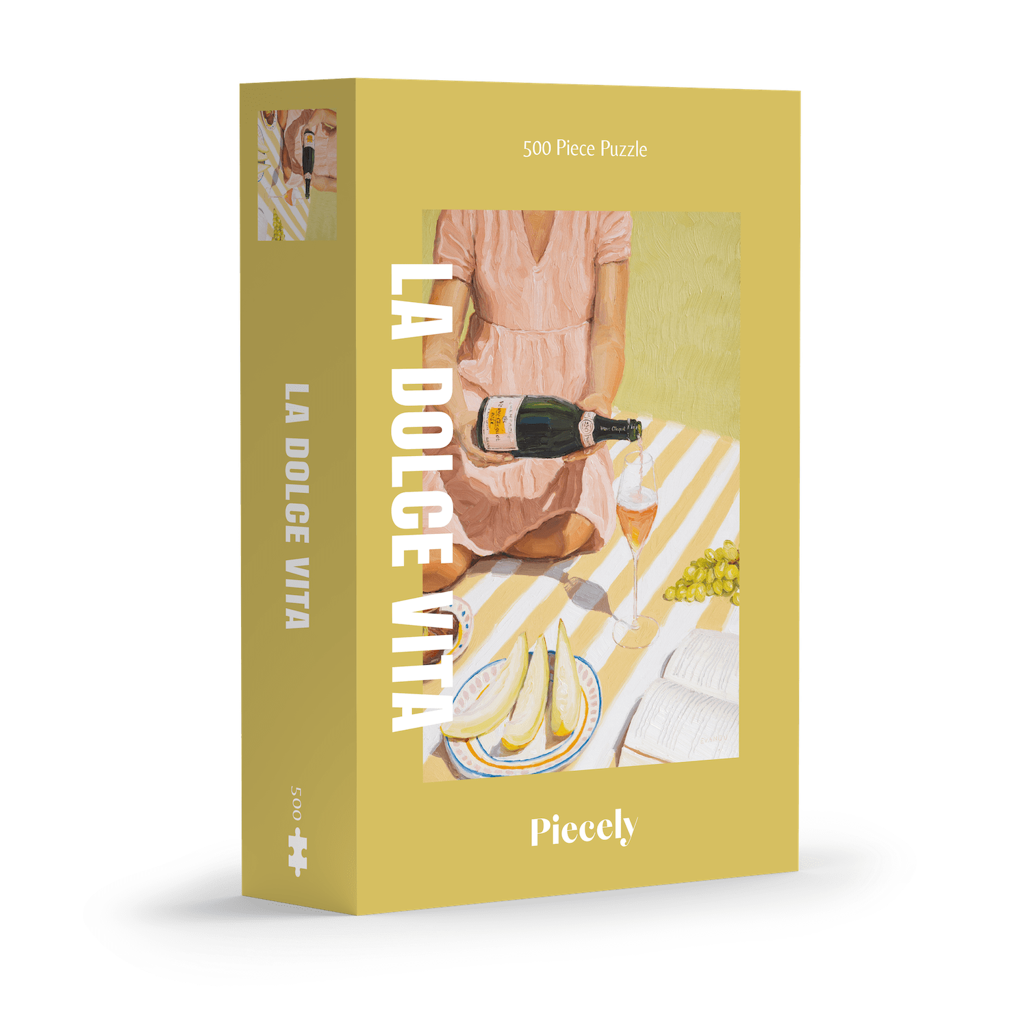 La Dolce Vita 500-piece jigsaw puzzle by Piecely, featuring a woman serving a drink at a picnic setting. Ett avkopplande pussel för vuxna.