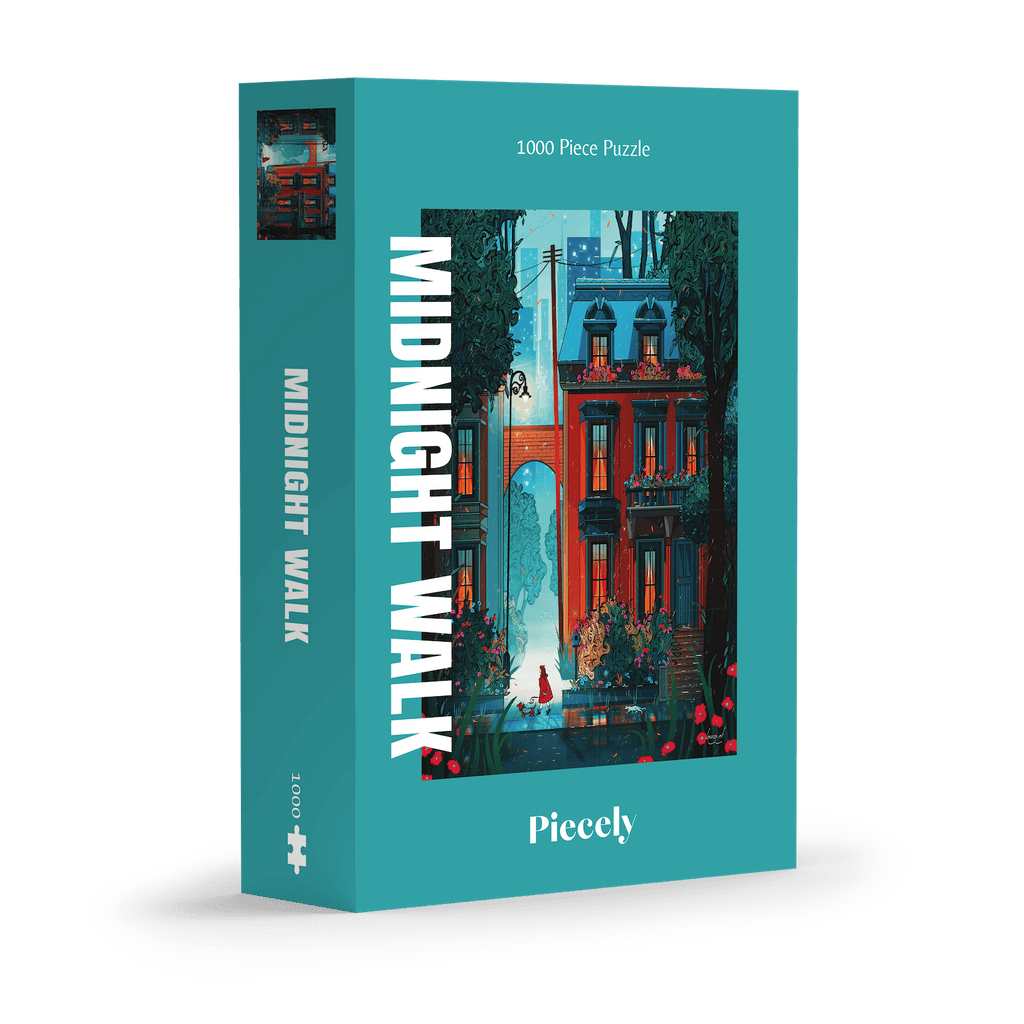 Midnight Walk 1000-piece jigsaw puzzle by Piecely, featuring a night street scene with a woman in red walking her dog. Ett stämningsfullt pussel för vuxna med stadsmotiv.