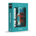 Midnight Walk 1000-piece jigsaw puzzle by Piecely, featuring a night street scene with a woman in red walking her dog. Ett stämningsfullt pussel för vuxna med stadsmotiv.