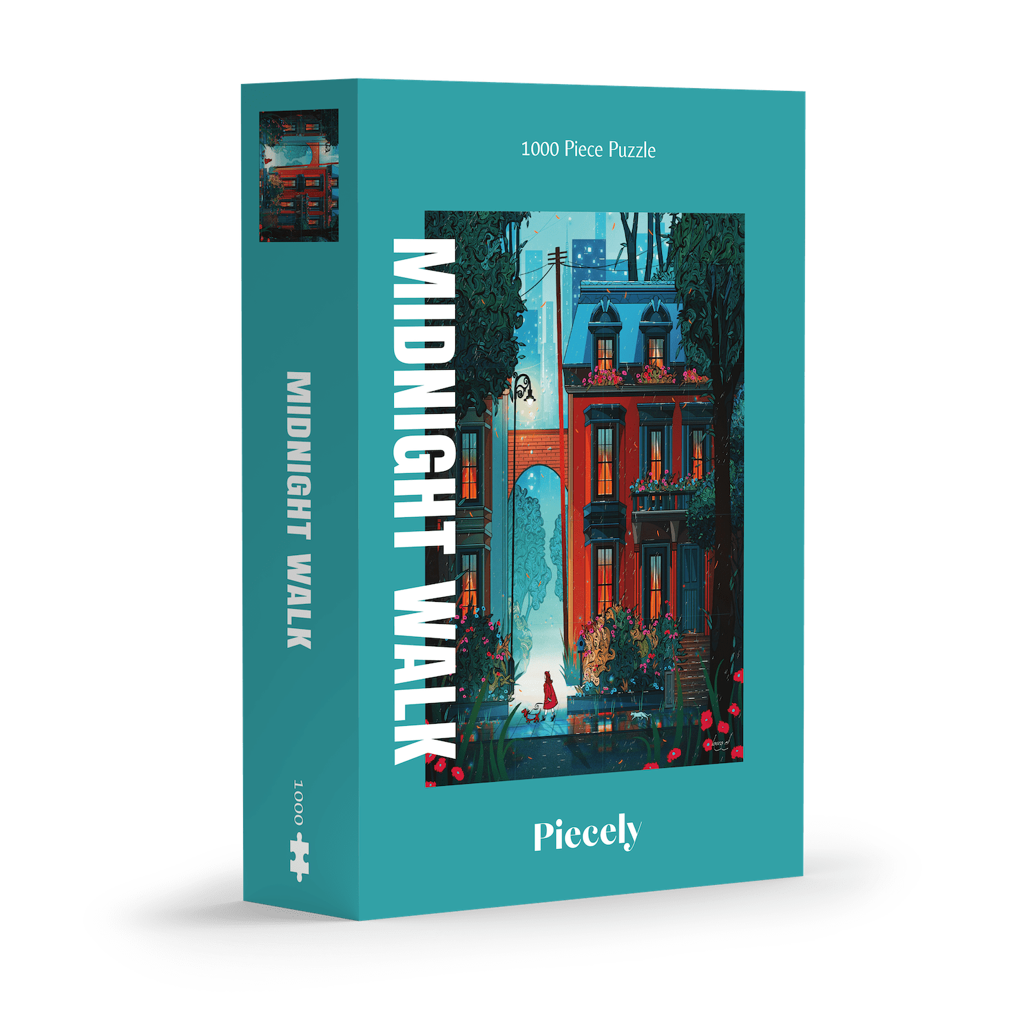 Midnight Walk 1000-piece jigsaw puzzle by Piecely, featuring a night street scene with a woman in red walking her dog. Ett stämningsfullt pussel för vuxna med stadsmotiv.