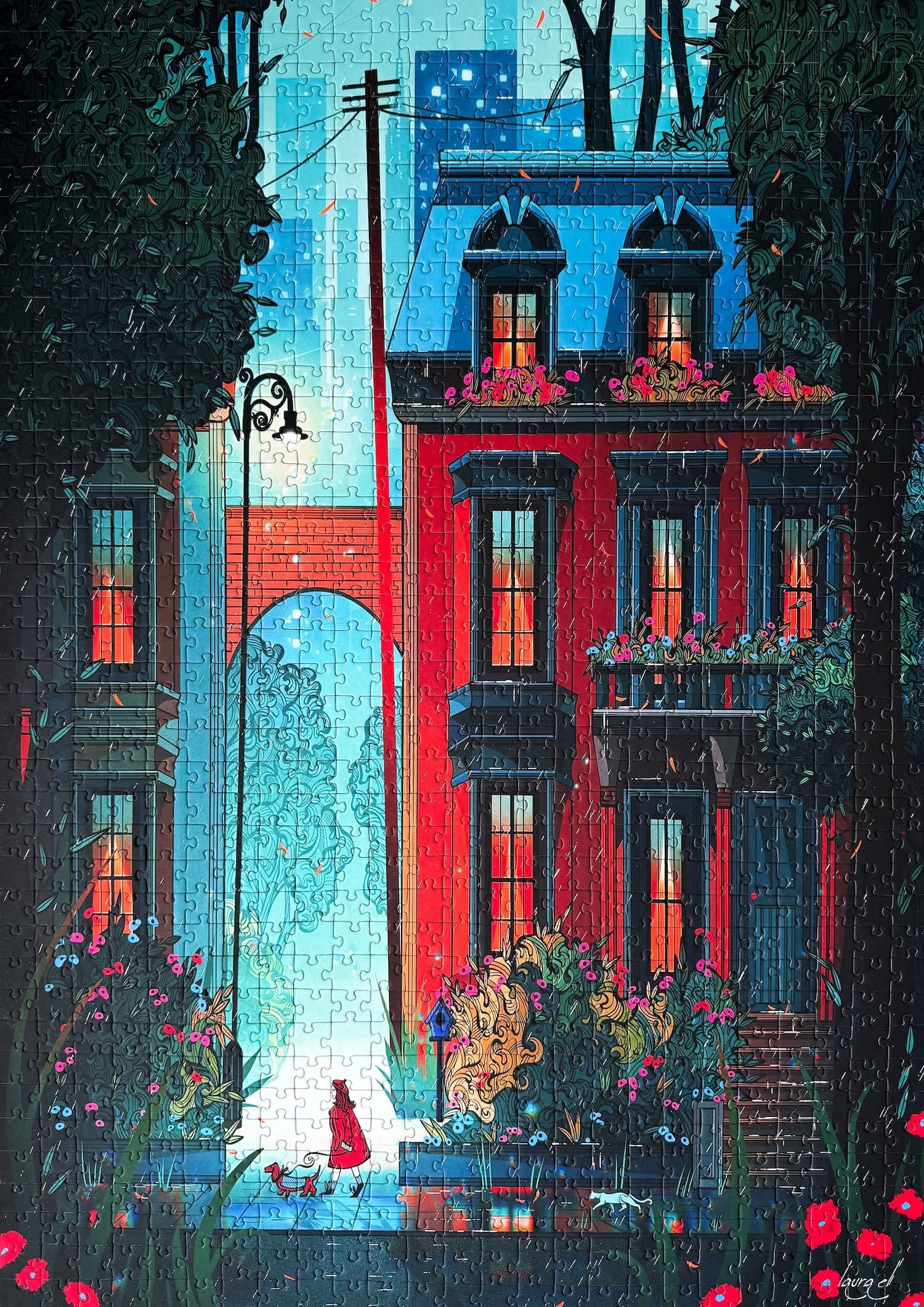 Midnight Walk jigsaw puzzle with illustration of a street scene with a red building and a woman in a red dress walking her dog.