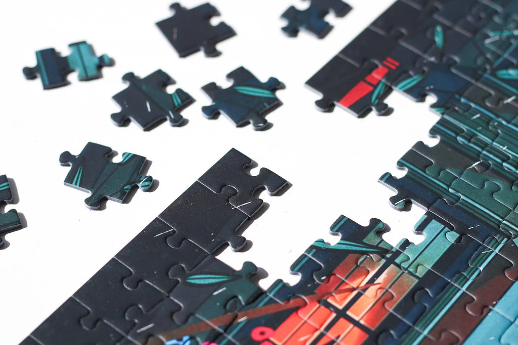 Midnight Walk jigsaw puzzle partially completed with edge close up.