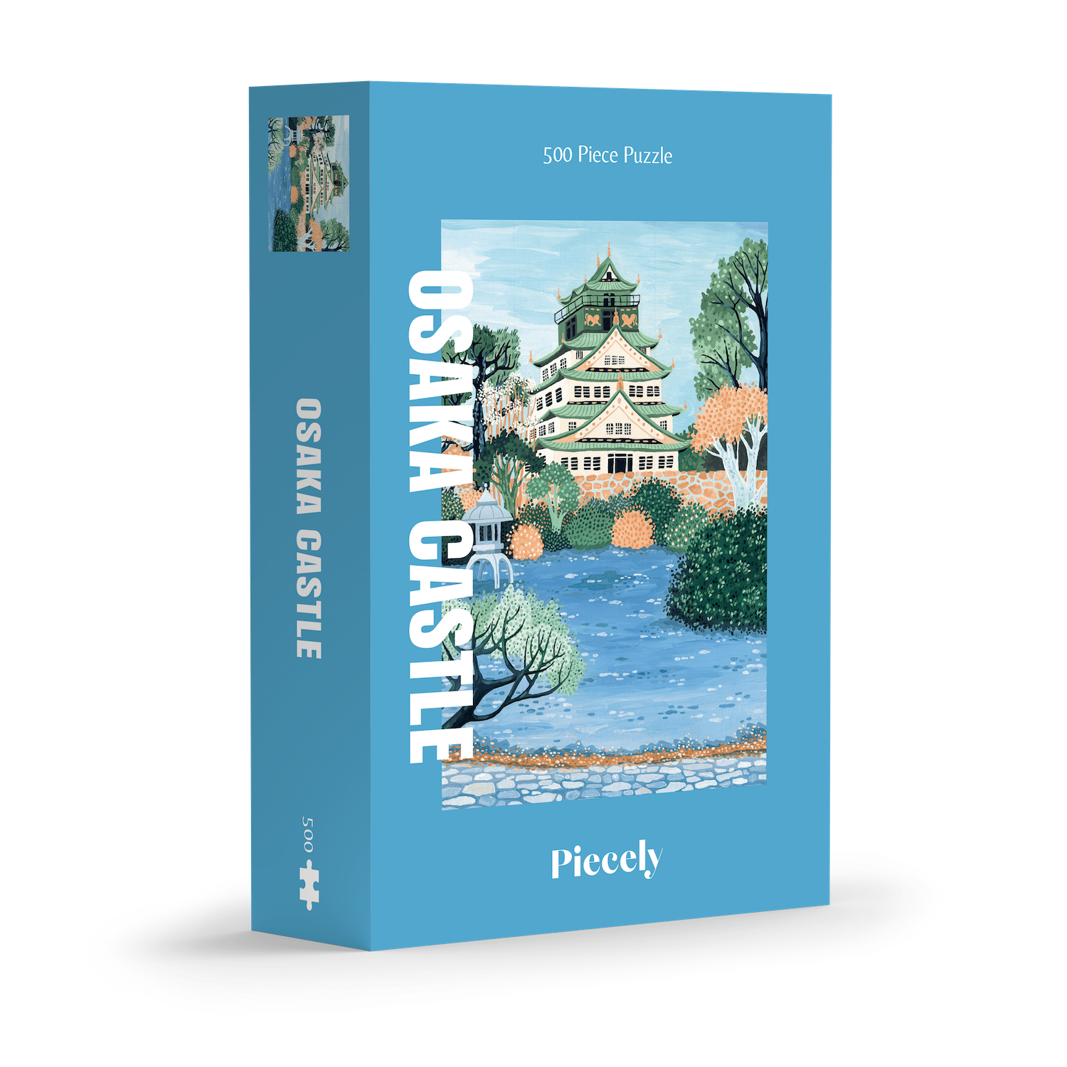 Osaka Castle 500-piece jigsaw puzzle by Piecely, featuring the famous Japanese landmark surrounded by water and plants. Inspirerat av Japan — pussel för vuxna.