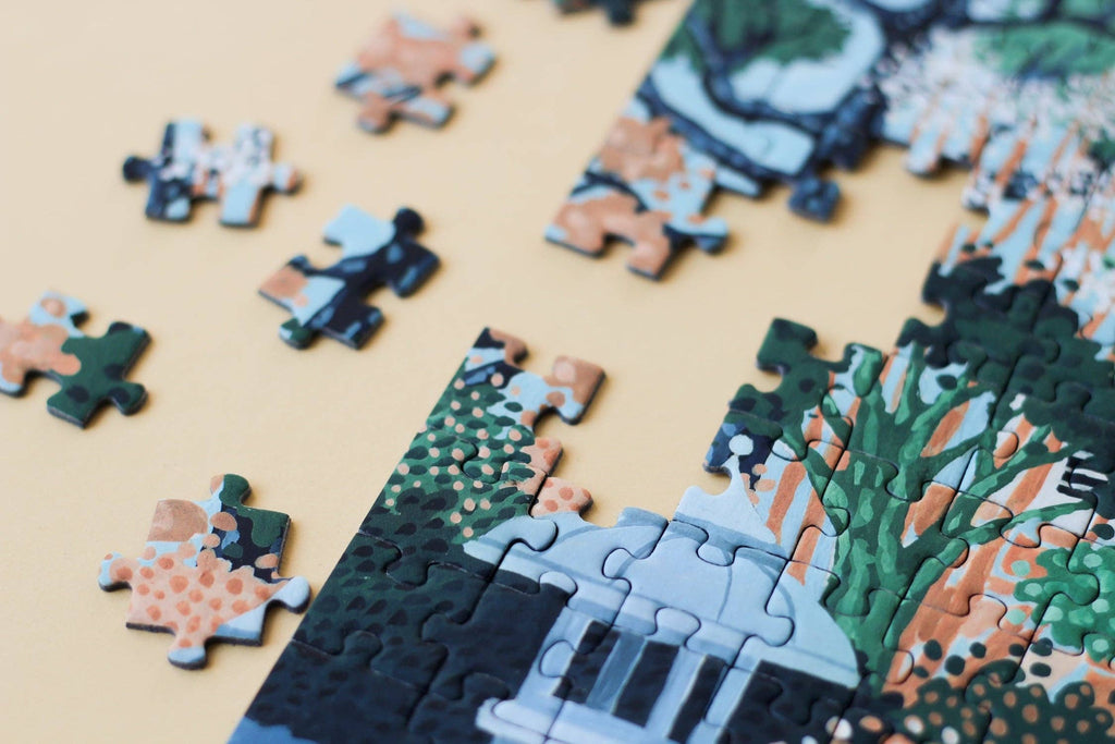 Osaka Castle jigsaw puzzle partially completed with edge close up.