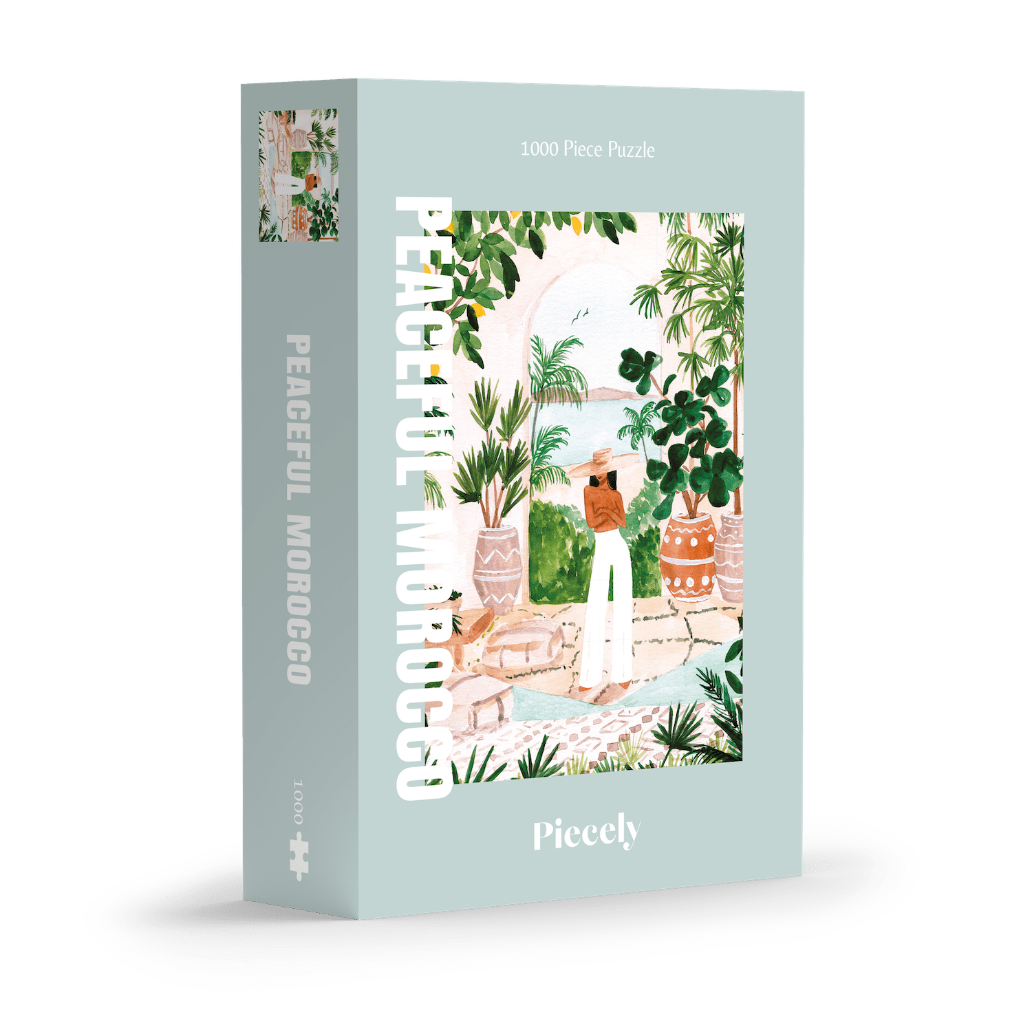 Peaceful Morocco 1000-piece jigsaw puzzle by Piecely, featuring a woman posing among plants in a cozy courtyard. Inspirerat av Marocko — pussel för vuxna.