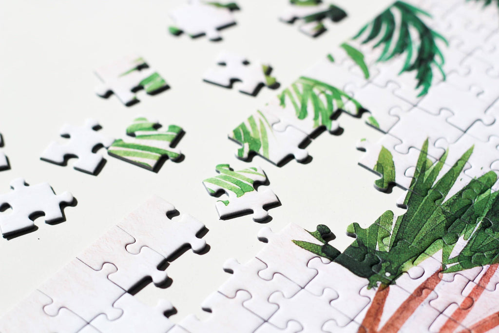 Peaceful Morocco jigsaw puzzle partially completed with edge close up.