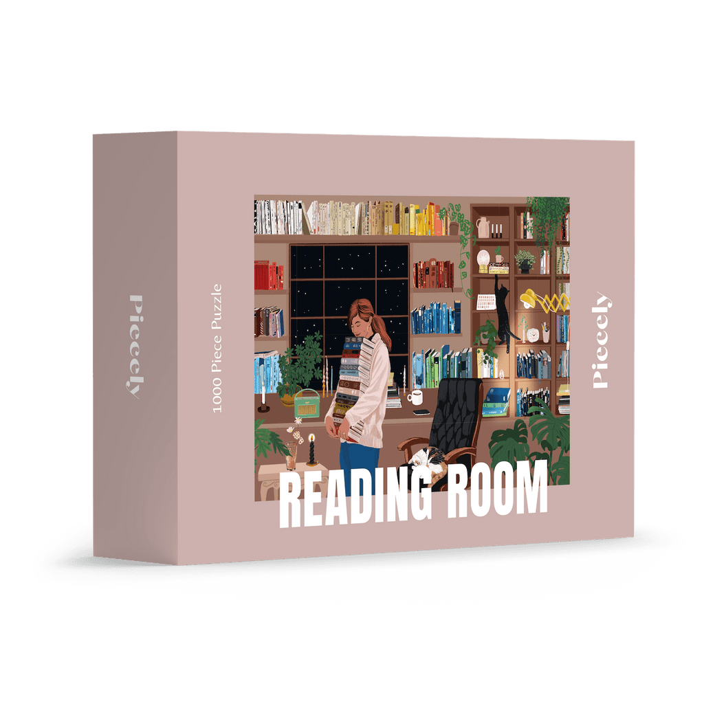Reading Room 1000-piece jigsaw puzzle by Piecely, featuring a woman and cats in a cozy personal library. Ett mysigt läshörn för pusselälskare.