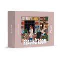 Reading Room 1000-piece jigsaw puzzle by Piecely, featuring a woman and cats in a cozy personal library. Ett mysigt läshörn för pusselälskare.
