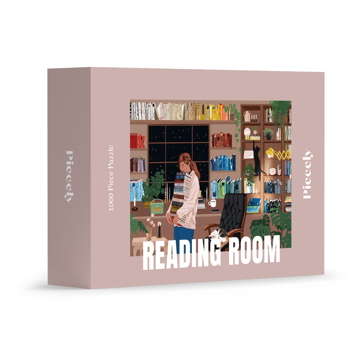 Reading Room 1000-piece jigsaw puzzle by Piecely, featuring a woman and cats in a cozy personal library. Ett mysigt läshörn för pusselälskare.