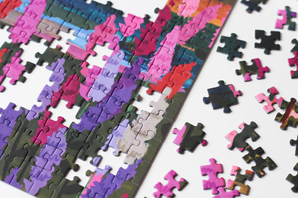 Van Life jigsaw puzzle partially completed with edge close up.
